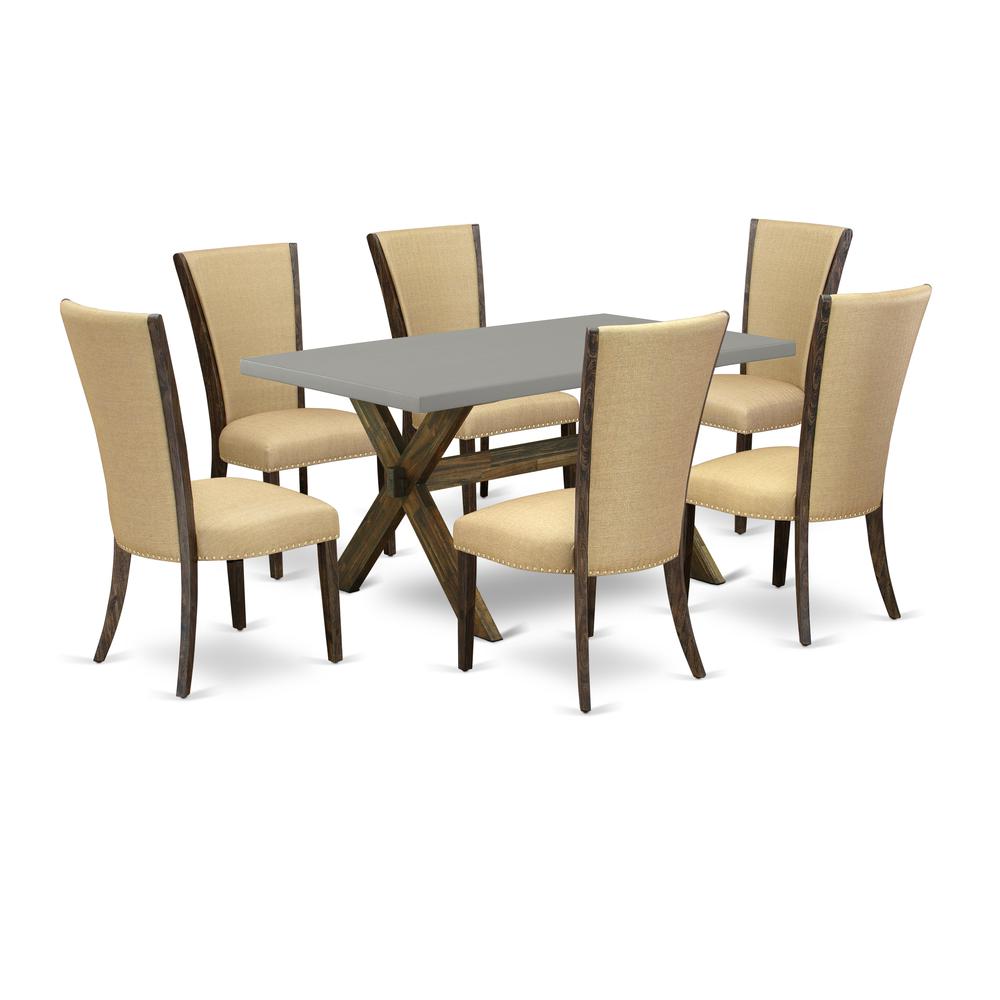 East West Furniture X796VE703-7 7Pc Dining Room Table Set Contains a Rectangle Table and 6 Parsons Chairs with Brown Color Linen Fabric, Medium Size Table with Full Back Chairs, Distressed Jacobean an. Picture 1
