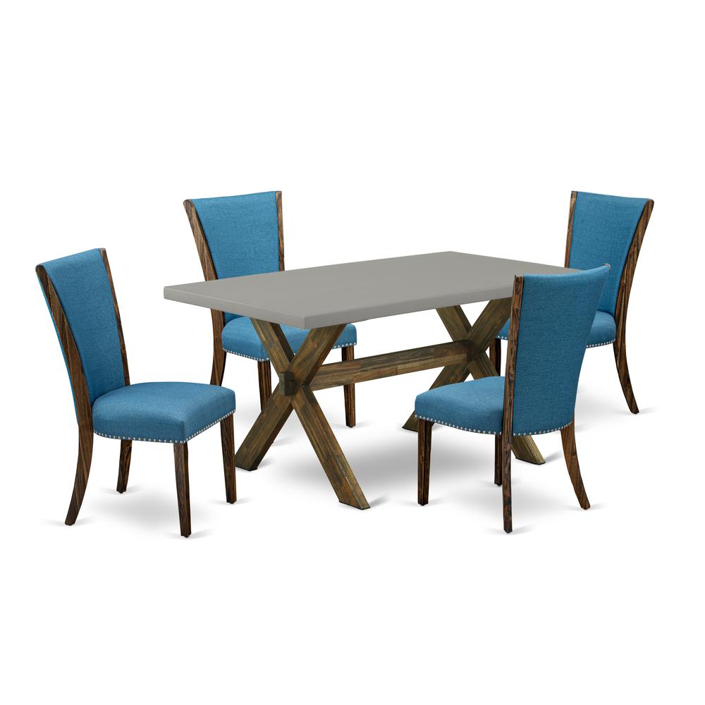 East West Furniture X796VE721-5 5Pc Dining Table set Offers a Rectangle Table and 4 Parsons Dining Chairs with Blue Color Linen Fabric, Distressed Jacobean and Cement Finish. Picture 1