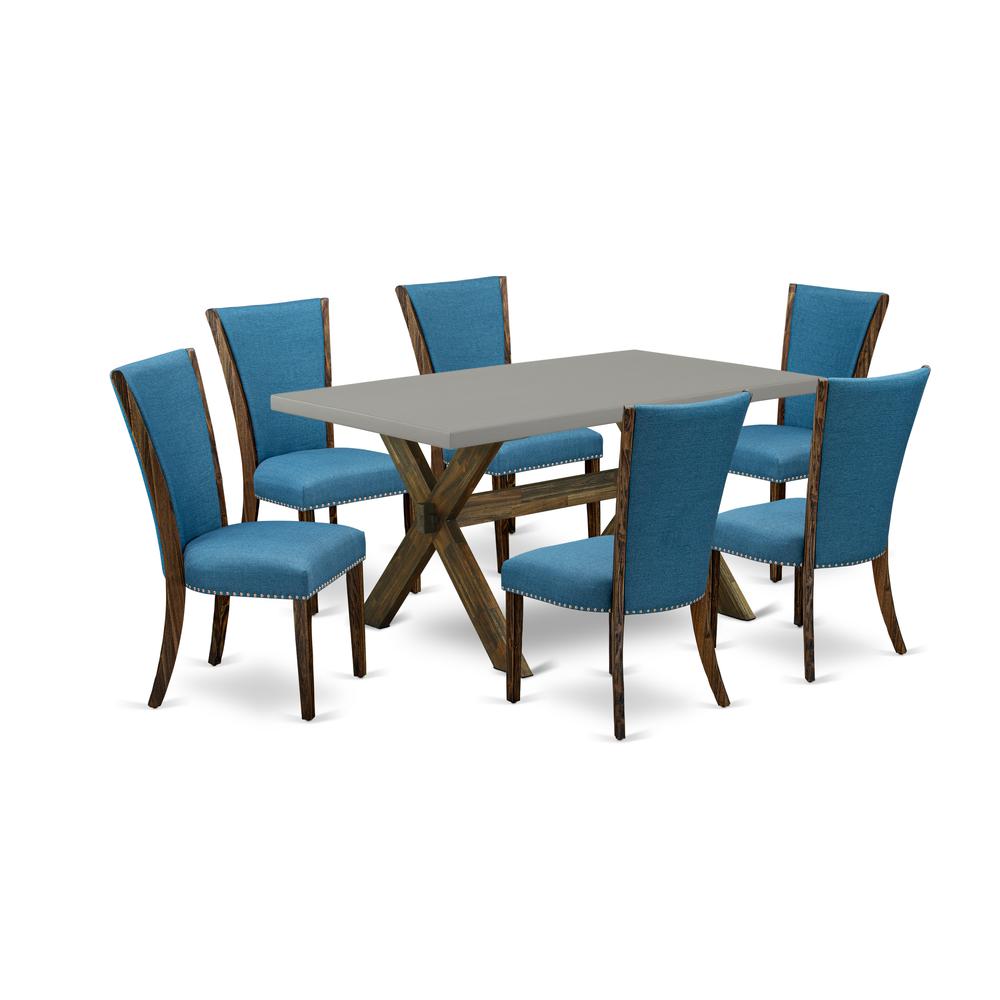 East West Furniture X796VE721-7 7Pc Dinette Sets for Small Spaces Offers a Dining Room Table and 6 Parsons Dining Chairs with Blue Color Linen Fabric, Distressed Jacobean and Cement Finish. Picture 1