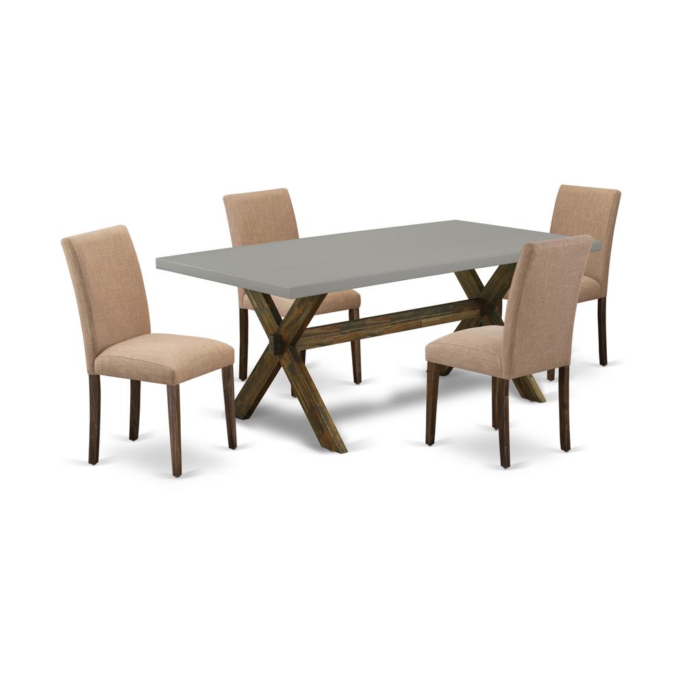 East West Furniture 5-Piece Dining Set Includes 4 Parson dining chairs with Upholstered Seat and High Back and a Rectangular Dining Table - Distressed Jacobean Finish. Picture 1