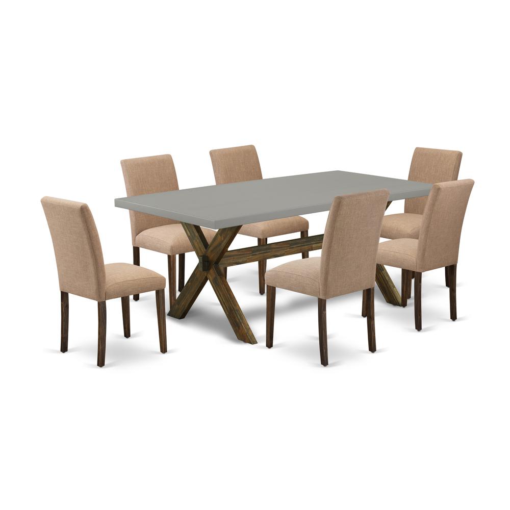 East West Furniture 7-Pc dining room table set Includes 6 Parson dining chairs with Upholstered Seat and High Back and a Rectangular Dining Room Table - Distressed Jacobean Finish. Picture 1