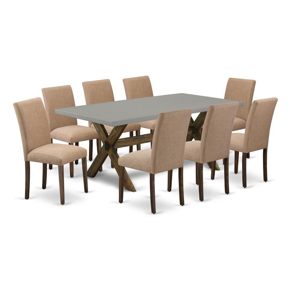 East West Furniture 9-Pc Table And Chairs Dining Set Includes 8 Parson dining chairs with Upholstered Seat and High Back and a Rectangular Dining Table - Distressed Jacobean Finish. Picture 1