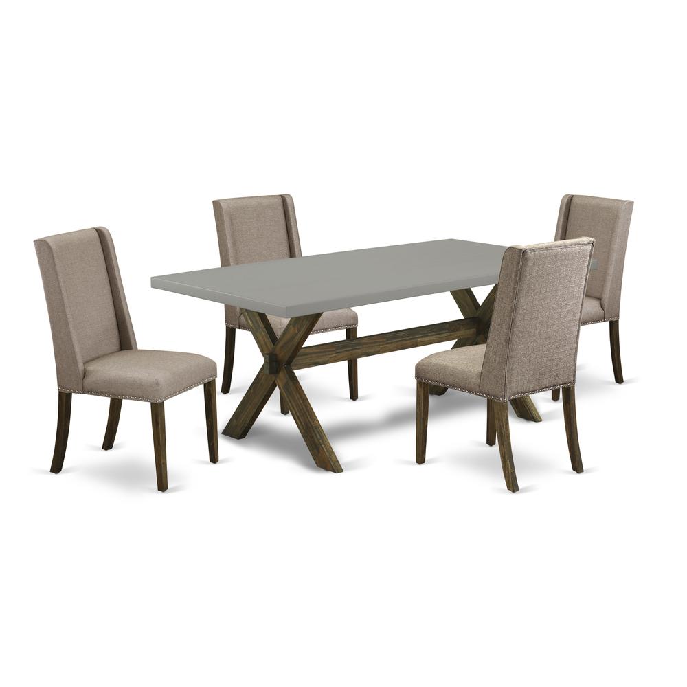East West Furniture 5-Pc Dining Table Set Included 4 Parson Dining room chairs Upholstered Seat and Stylish Chair Back and Rectangular Dining room Table with Cement Color Dining Table Top - Distressed. Picture 1