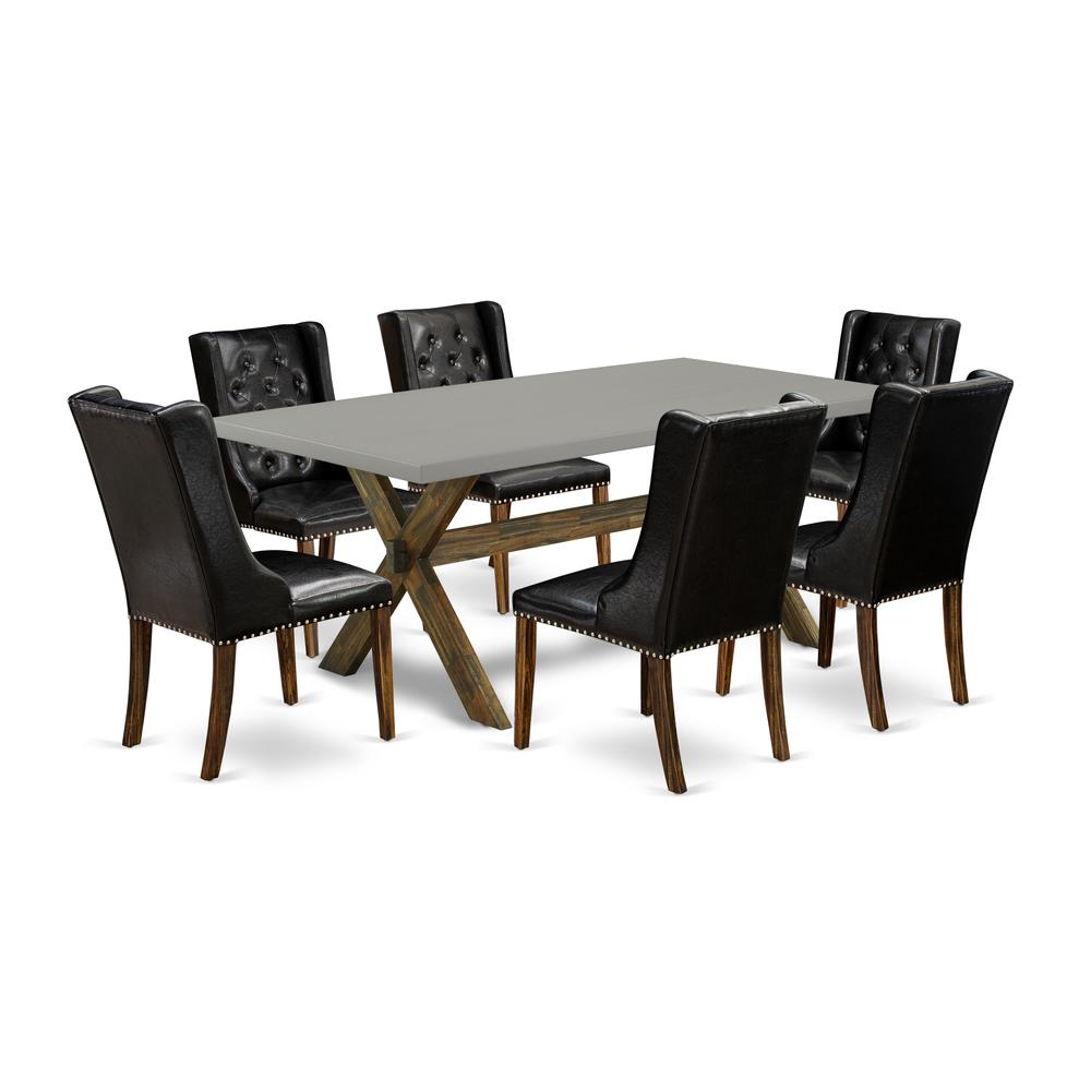 East West Furniture X797FO749-7 7 Piece Dining Room Table Set - 6 Black Pu Leather Parson Chairs Button Tufted with Nailheads and Wood Table - Distressed Jacobean Finish. Picture 1