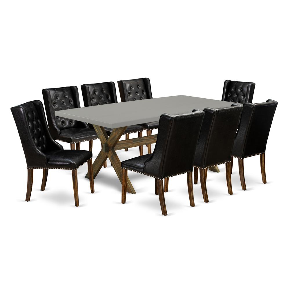 East West Furniture X797FO749-9 9-Piece Dining Room Table Set - 8 Black Pu Leather Dining Chair Button Tufted with Nail heads and Rectangular Table - Distressed Jacobean Finish. Picture 1