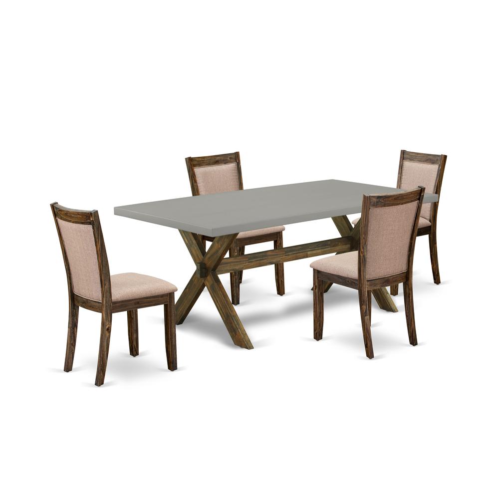 East West Furniture 5 Piece Modern Dinette Set - A Cement Top Rustic Kitchen Table with Trestle Base and 4 Dark Khaki Linen Fabric Dinner Chairs - Distressed Jacobean Finish. Picture 2