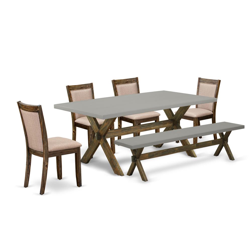 East West Furniture 6 Piece Dinning Set- A Cement Top Dining Table in Trestle Base with Dining Bench and 4 Dark Khaki Linen Fabrics Wooden Dining Chairs - Distressed Jacobean Finish. Picture 2