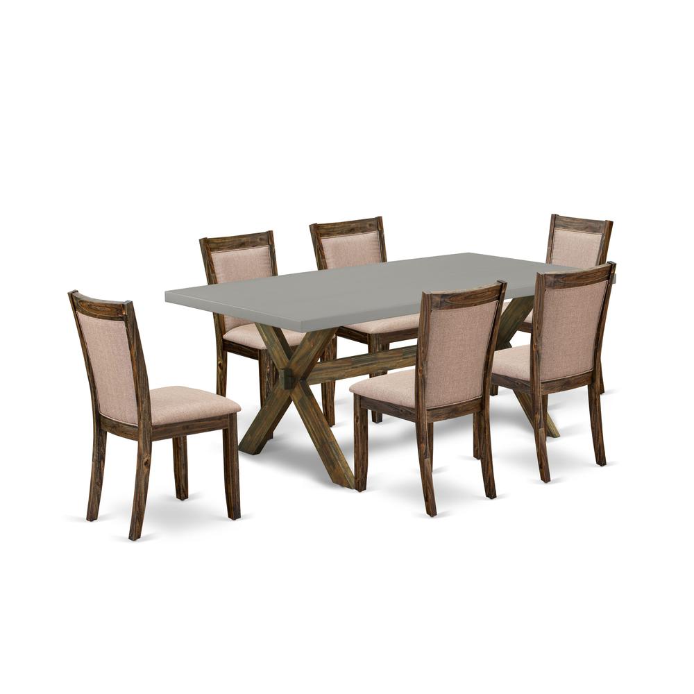 East West Furniture 7 Piece Contemporary Dining Table Set - A Cement Top Breakfast Table with Trestle Base and 6 Dark Khaki Linen Fabric Wood Dining Chairs - Distressed Jacobean Finish. Picture 2