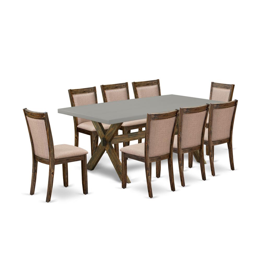 East West Furniture 9 Piece Innovative Dining Set - A Cement Top Kitchen Table with Trestle Base and 8 Dark Khaki Linen Fabric Kitchen & Dining Room Chairs - Distressed Jacobean Finish. Picture 2