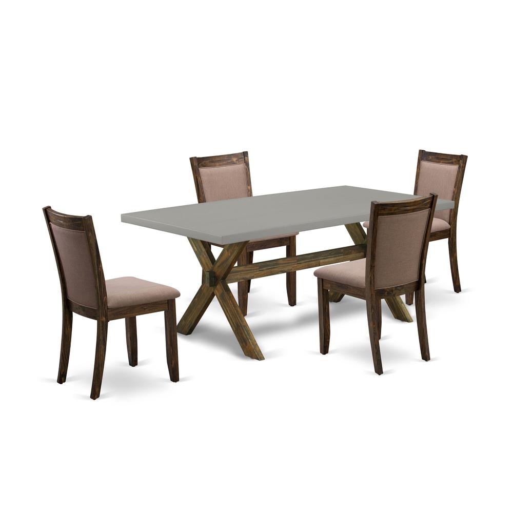 East West Furniture 5 Piece Innovative Dinning Room Set - A Cement Top Wooden Dining Table with Trestle Base and 4 Coffee Linen Fabric Rustic Dining Chairs - Distressed Jacobean Finish. Picture 2