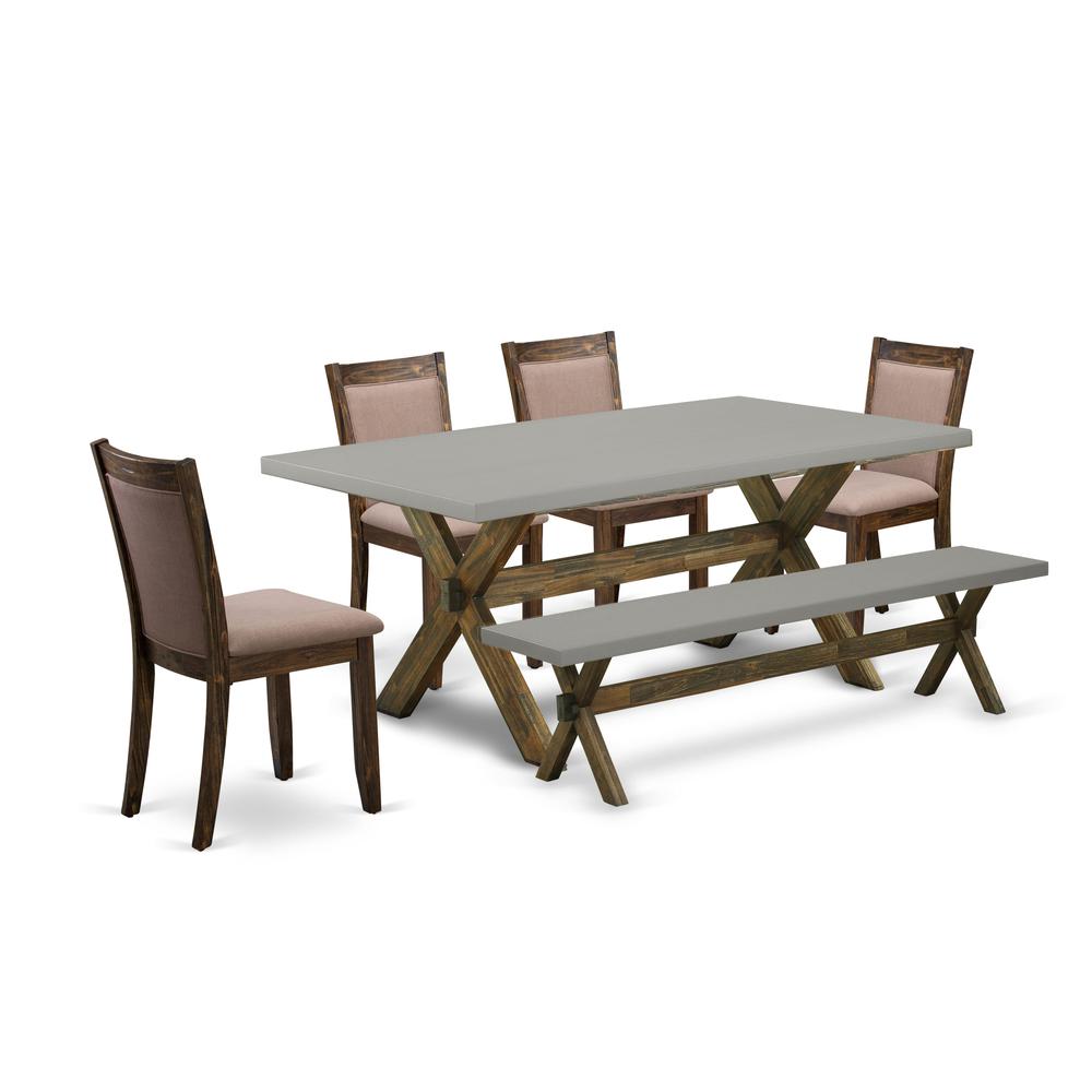 East West Furniture 6 Piece Modern Dining Table Set- A Cement Top Kitchen Table in Trestle Base with Small Wood Bench and 4 Coffee Linen Fabric Dining Chairs - Distressed Jacobean Finish. Picture 2