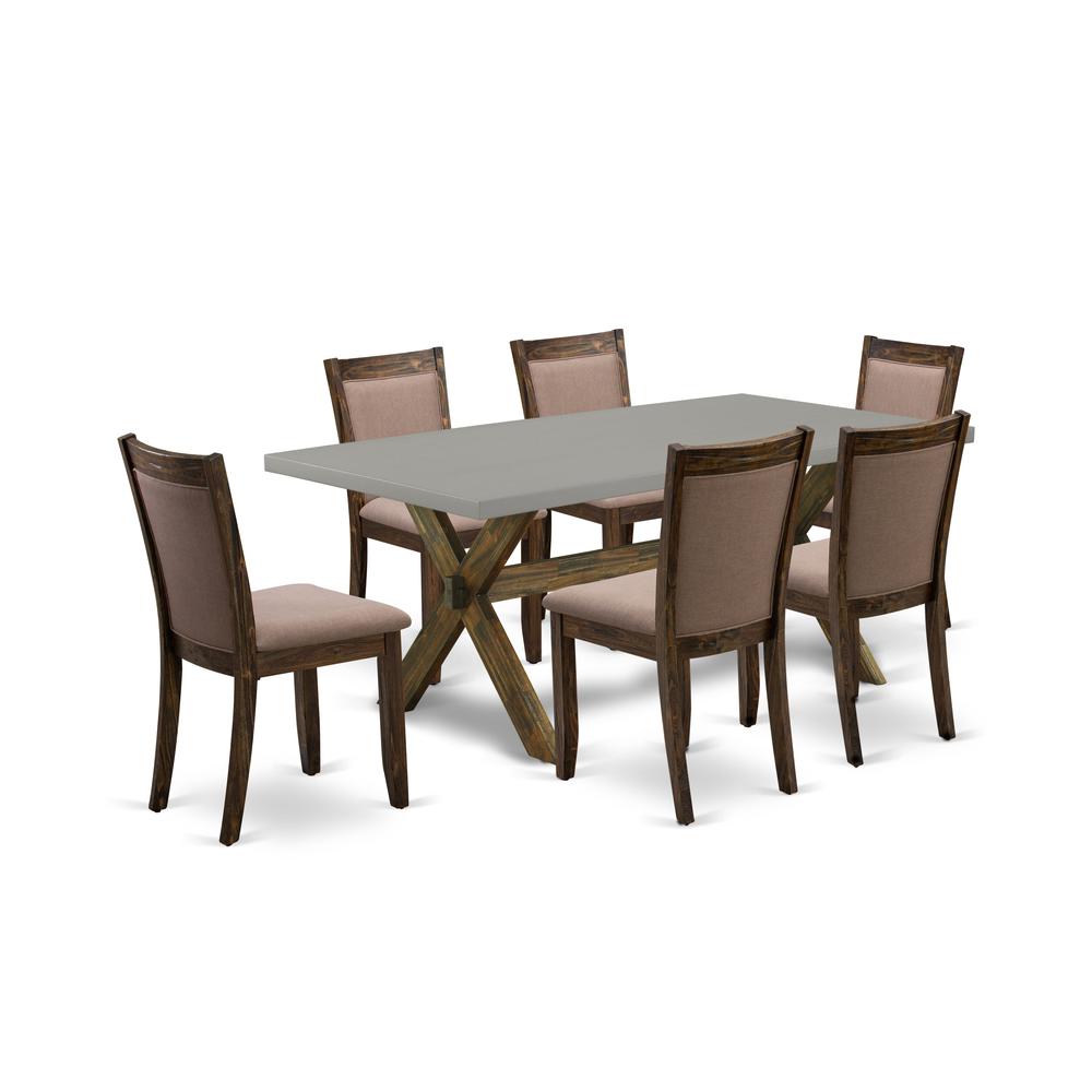 East West Furniture 7 Piece Modern Dinner Table Set - A Cement Top Dining Room Table with Trestle Base and 6 Coffee Linen Fabric Mid Century Dining Chairs - Distressed Jacobean Finish. Picture 2