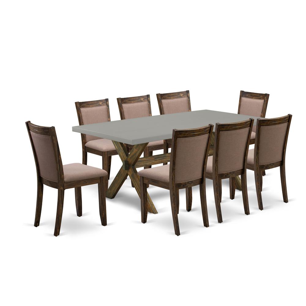 East West Furniture 9 Piece Dining Room Table Set - A Cement Top Wooden Dining Table with Trestle Base and 8 Coffee Linen Fabric Modern Dining Chairs - Distressed Jacobean Finish. Picture 2