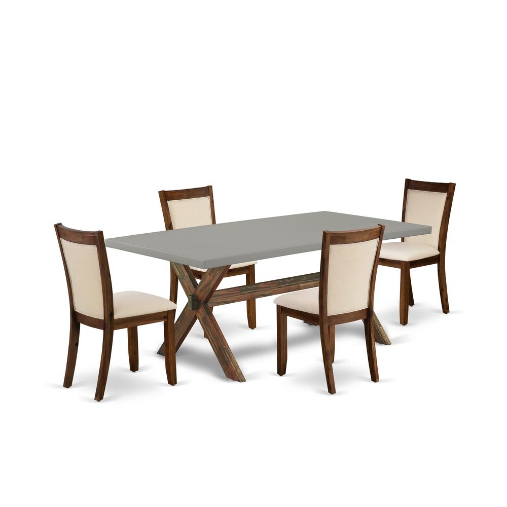 East West Furniture 5-Pc Dinner Table Set Consists of a Wood Dining Table and 4 Light Beige Linen Fabric Upholstered Dining Chairs with Stylish Back - Distressed Jacobean Finish. Picture 2