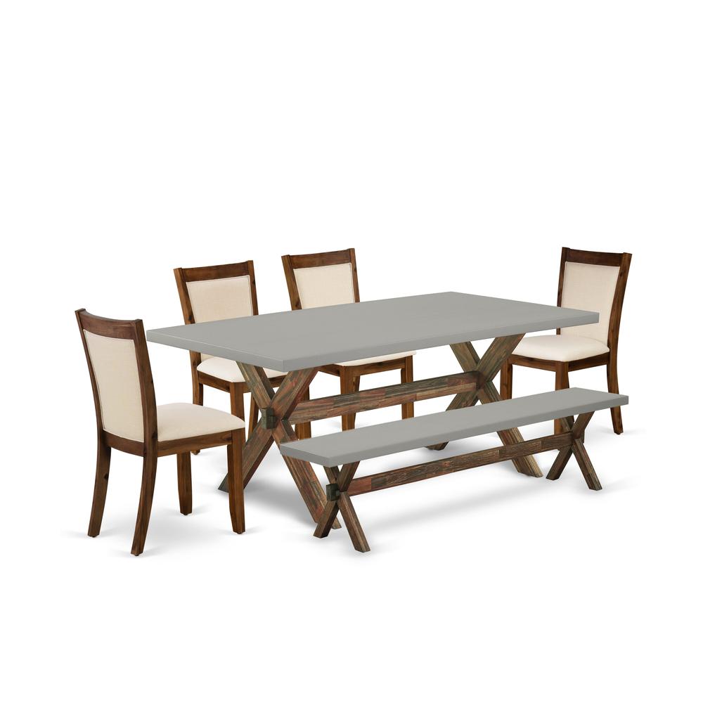 East West Furniture 6-Piece Table Set Contains a Dining Table and a Small Dining Bench with 4 Light Beige Linen Fabric Upholstered Chairs with Stylish Back - Distressed Jacobean Finish. Picture 2