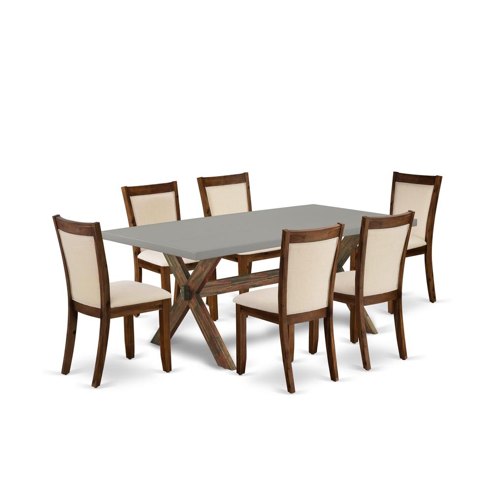 East West Furniture 7-Pc Kitchen Table Set Includes a Dining Table and 6 Light Beige Linen Fabric Dining Room Chairs with Stylish Back - Distressed Jacobean Finish. Picture 2