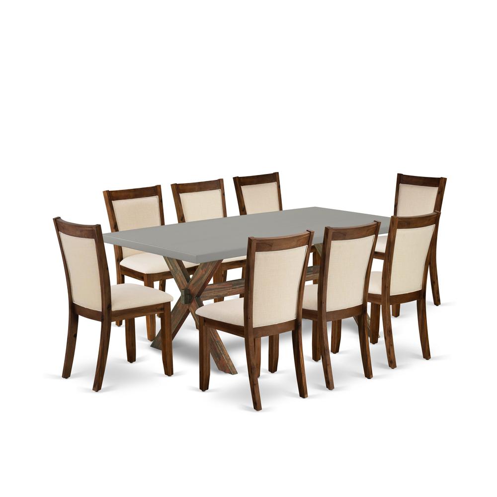 East West Furniture 9-Piece Mid Century Dining Table Set Consists of a Wooden Table and 8 Light Beige Linen Fabric Upholstered Dining Chairs with Stylish Back - Distressed Jacobean Finish. Picture 2
