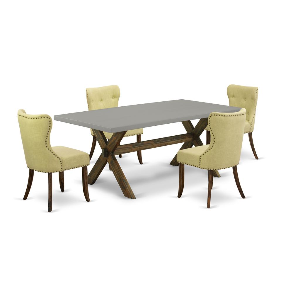 East West Furniture 5-Piece Dining Room Table Set-Limelight Linen Fabric Seat and Button Tufted Back Kitchen Parson Chairs and Rectangular Top Kitchen Dining Table with Wood Legs - Cement and Distress. Picture 1