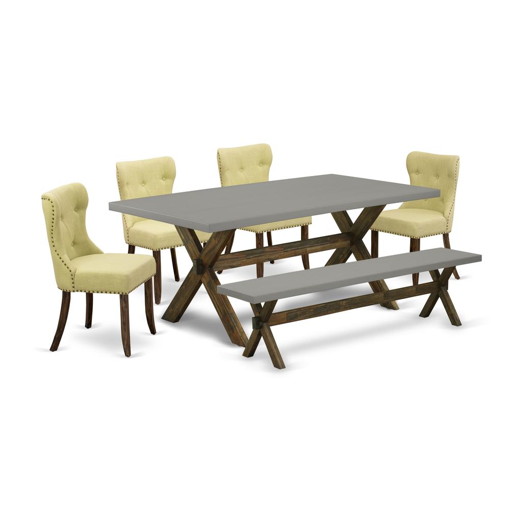 East West Furniture 6-Piece Dinette Table Set-Limelight Linen Fabric Seat and Button Tufted Back Modern Dining Chairs, A Wooden Bench and Rectangular Top Dining Room Table with Hardwood Legs - Cement. Picture 1