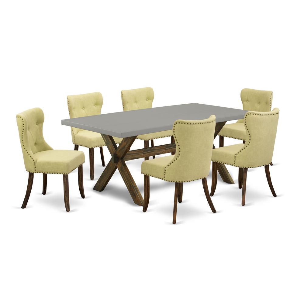 East West Furniture 7-Piece Dining Set-Limelight Linen Fabric Seat and Button Tufted Back Parson Dining Chairs and Rectangular Top Kitchen Table with Hardwood Legs - Cement and Distressed Jacobean Fin. Picture 1