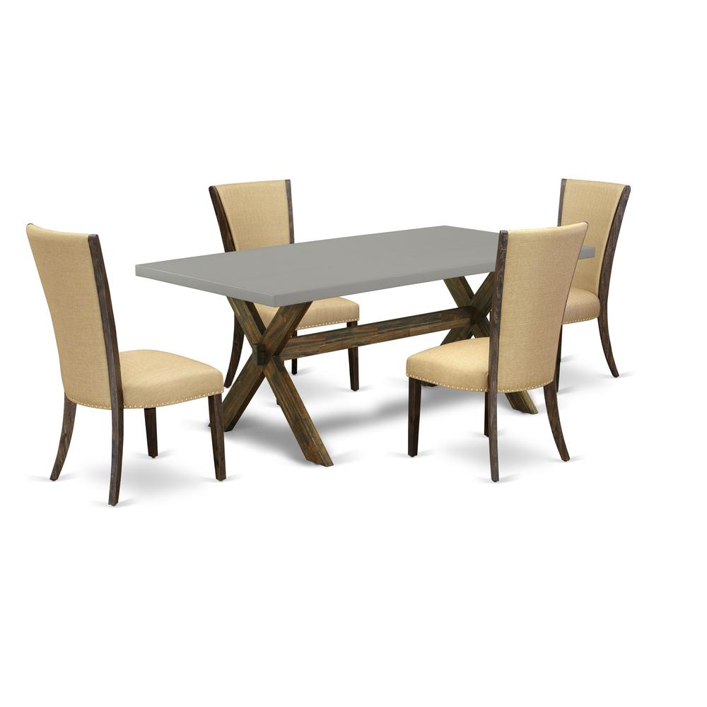 East West Furniture X797VE703-5 5Pc Dinette Set Includes a Kitchen Table and 4 Parson Dining Chairs with Brown Color Linen Fabric, Medium Size Table with Full Back Chairs, Distressed Jacobean and Ceme. Picture 1