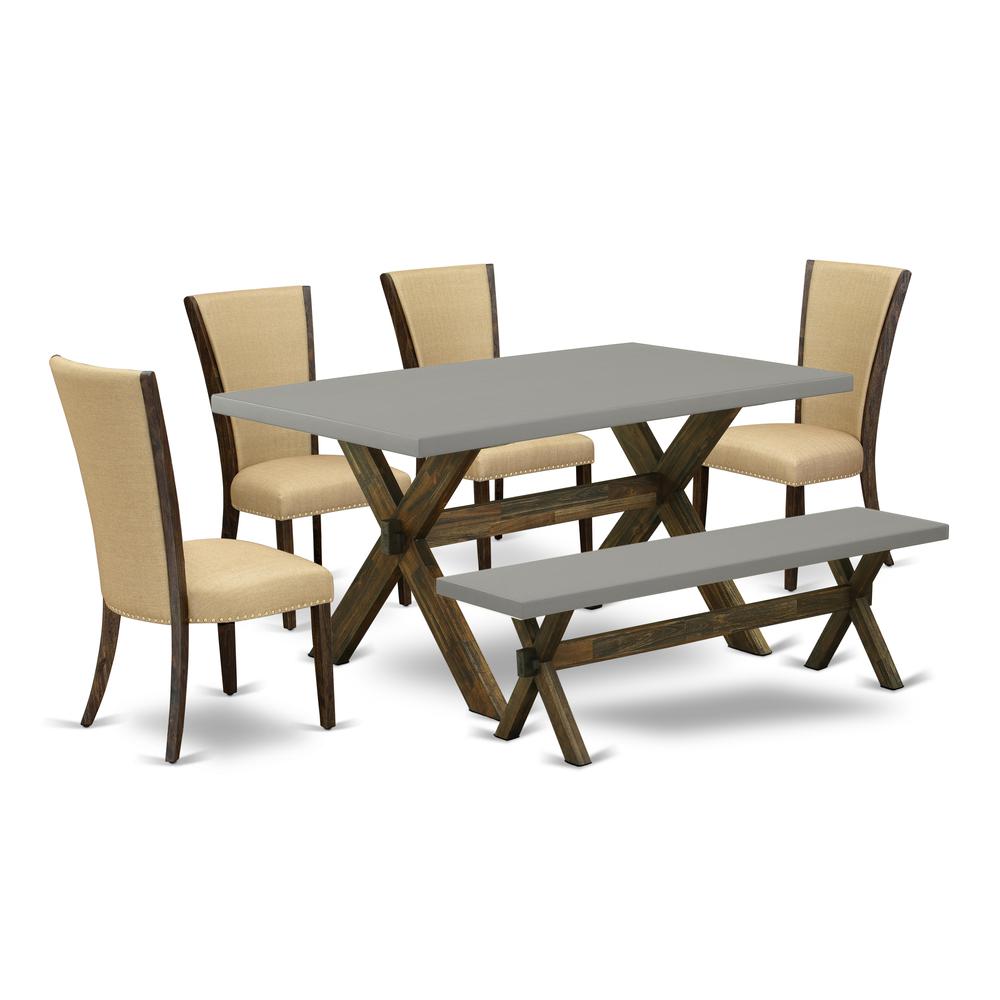 East West Furniture X797VE703-6 6 Piece Dining Room Set - 4 Brown Linen Fabric dining room chairs with Nailheads and Cement Dining Table - 1 Kitchen Bench - Distressed Jacobean Finish. Picture 1