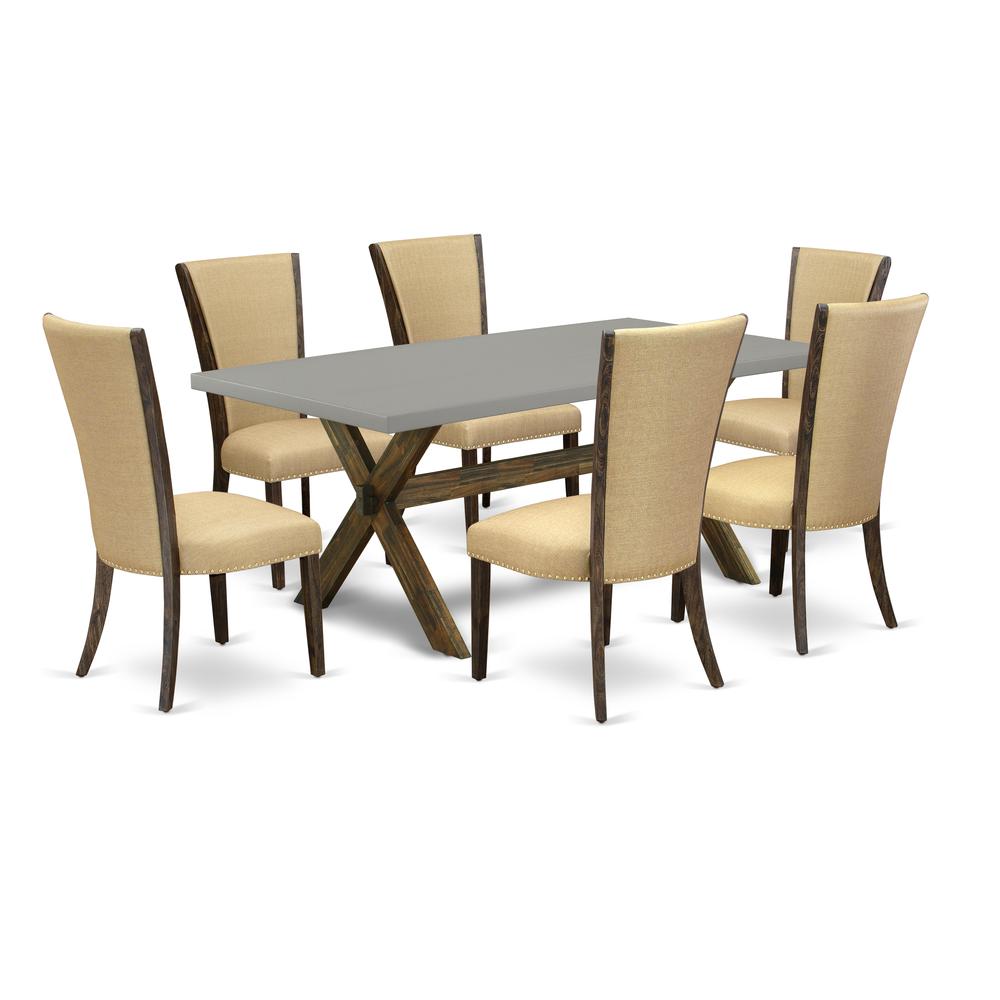 East West Furniture X797VE703-7 7Pc Kitchen Table Set Consists of a Rectangular Table and 6 Parsons Dining Chairs with Brown Color Linen Fabric, Medium Size Table with Full Back Chairs, Distressed Jac. Picture 1