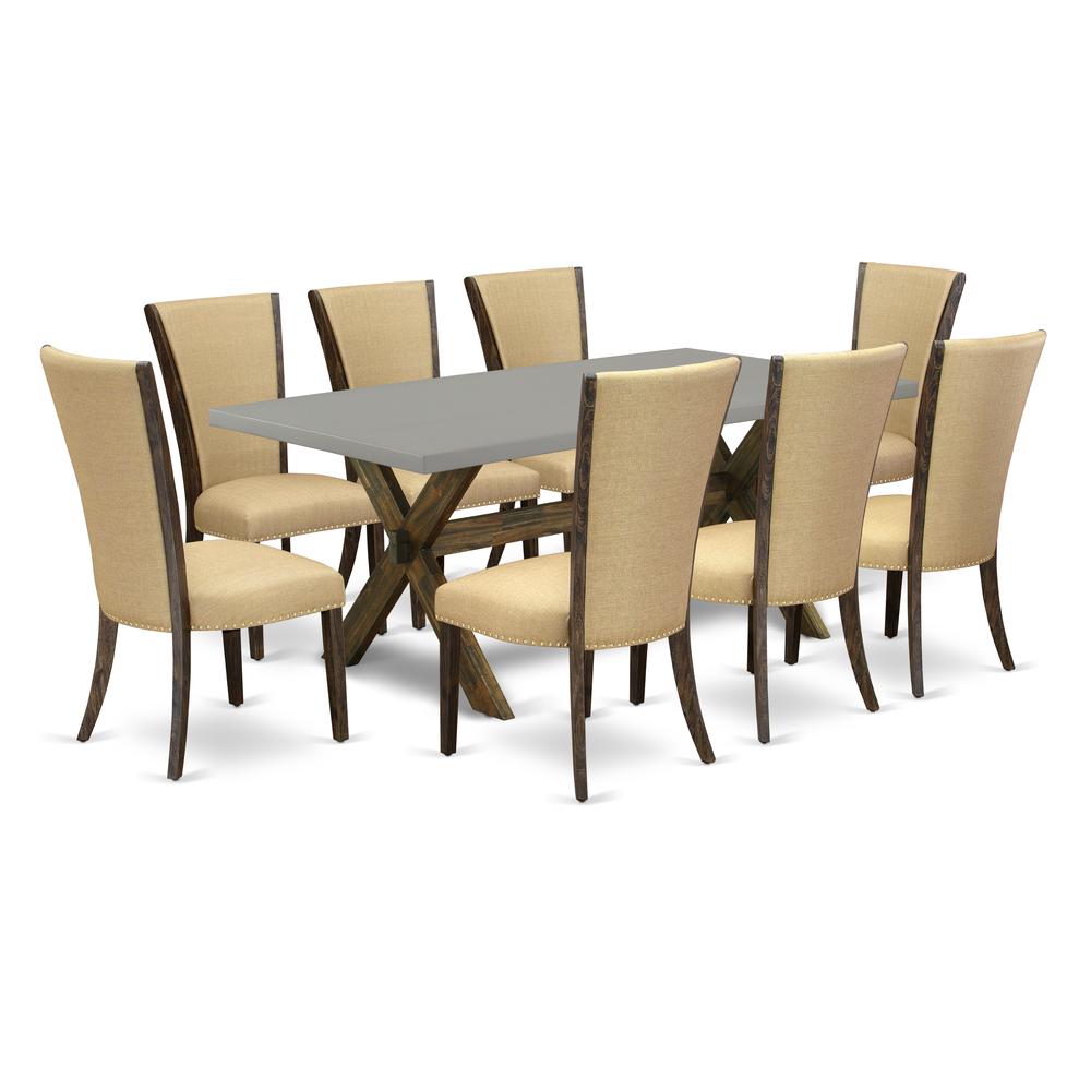 East West Furniture X797VE703-9 9Pc Kitchen Set Offers a Dining Table and 8 Parsons Dining Room Chairs with Brown Color Linen Fabric, Medium Size Table with Full Back Chairs, Distressed Jacobean and C. Picture 1