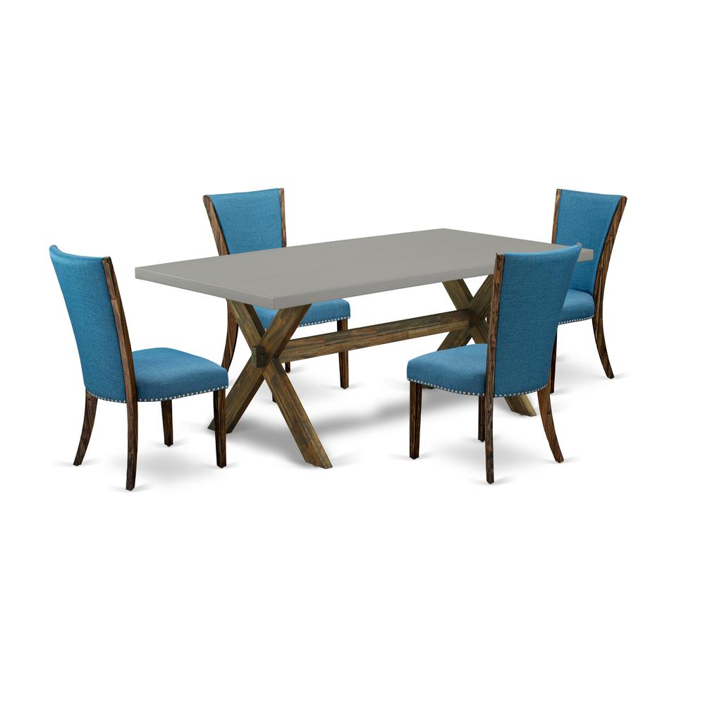East West Furniture X797VE721-5 5Pc Wood Dining Table Set Includes a Dinette Table and 4 Parsons Dining Room Chairs with Blue Color Linen Fabric, Distressed Jacobean and Cement Finish. Picture 1