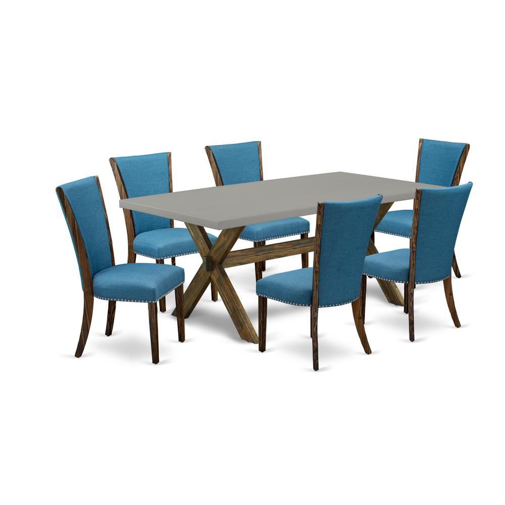 East West Furniture X797VE721-7 7Pc Modern Dining Table Set Contains a Kitchen Table and 6 Parson Dining Chairs with Blue Color Linen Fabric, Distressed Jacobean and Cement Finish. Picture 1
