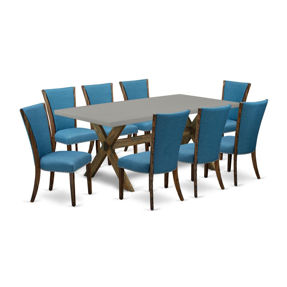 East West Furniture X797VE721-9 9Pc Dining Set Consists of a Kitchen Table and 8 Parson Chairs with Blue Color Linen Fabric, Distressed Jacobean and Cement Finish. Picture 1