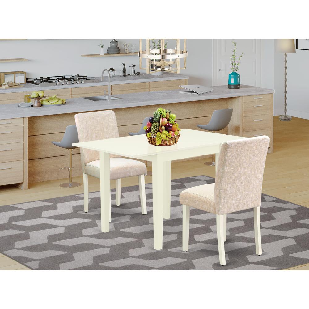 East West Furniture 3-Piece Dining Room Table Set-A Dinning Table and 2 Linen FabricKitchen Chairs with High Back - Linen White Finish. Picture 1