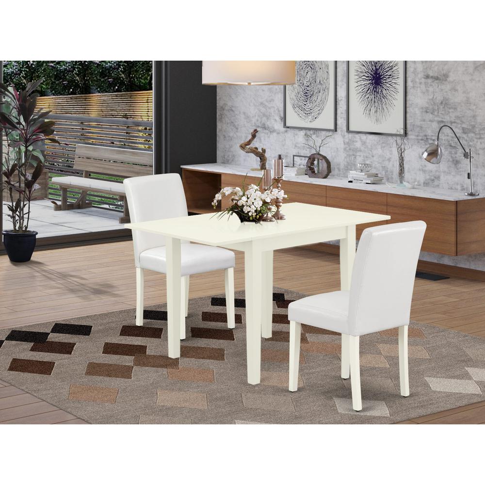 East West Furniture 3-Piece Dining Set-A Wood Table and 2PU Leather Modern Dining Chairs with High Back - Linen White Finish. Picture 1