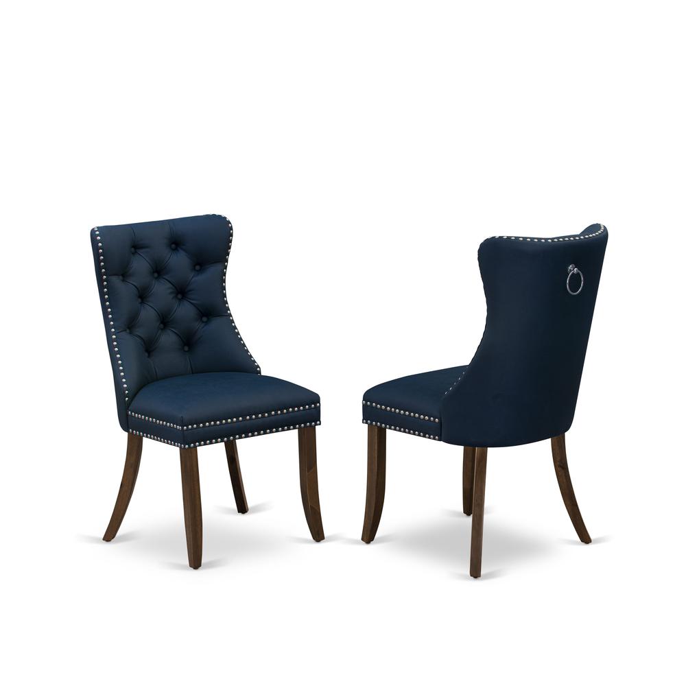 Parson Chairs - Navy Blue faux leather Upholstered, Set of 2, Antique Walnut. Picture 1