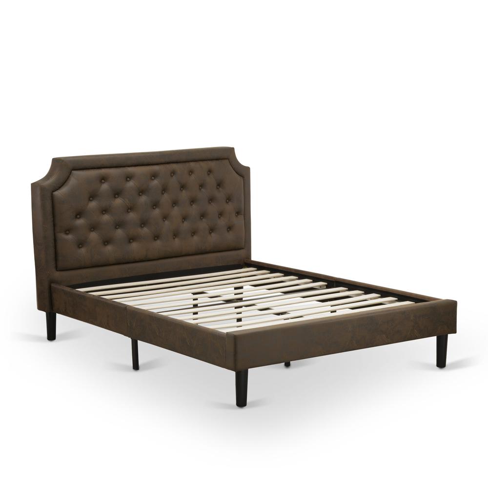 GB25Q-2BF07 3-Pc Bed Set with Frame and 2 Distressed Jacobean Mid Century Nightstands - Dark Brown Faux Leather and Black Legs. Picture 4