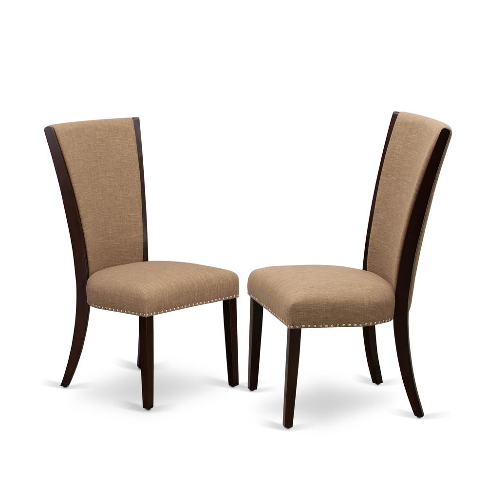 East-West Furniture PSVE3-MAH-47 - A dinette set of 2 great indoor dining chairs using Linen Fabric Light Sable color and a fantastic  12" butterfly leaf rectangle dining table in Mahogany Finish. Picture 3