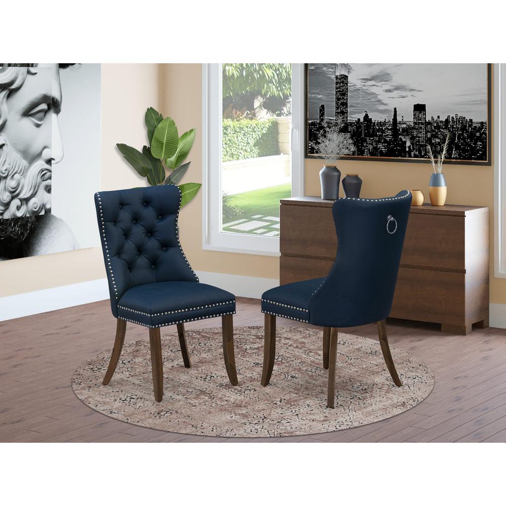 Parson Chairs - Navy Blue faux leather Upholstered, Set of 2, Antique Walnut. Picture 6