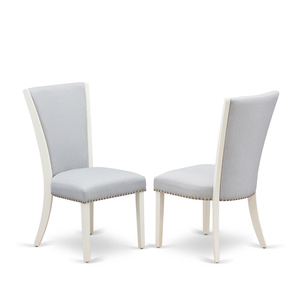 East West Furniture - Set of 2 - Upholstered Chair- Parson Chairs Includes Linen White Wood Frame with Grey Linen Fabric Seat with Nail Head and Stylish Back. Picture 1
