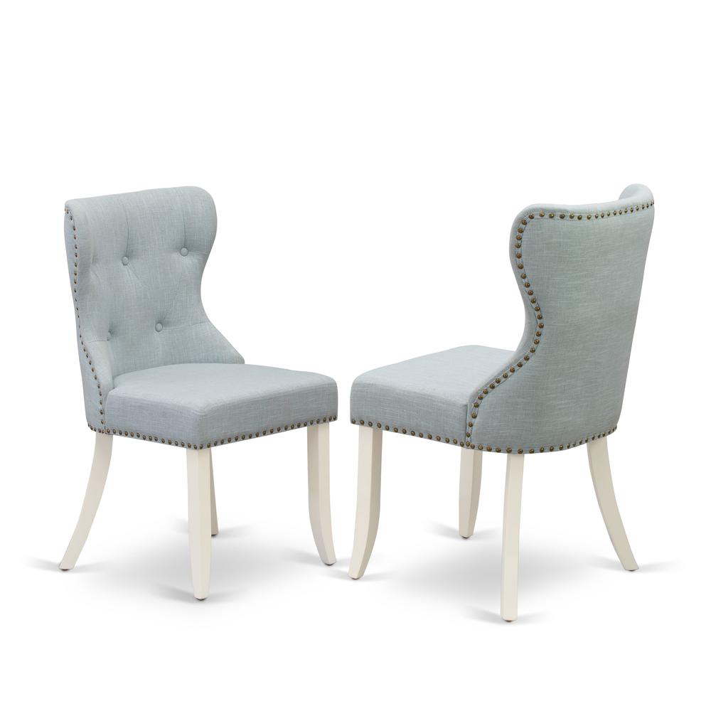 East West Furniture - Set of 2 - Parson Chairs- Dining Room Chair Includes Linen White Solid Wood Structure with Baby Blue Linen Fabric Seat with Nail Head and Button Tufted Back. Picture 1