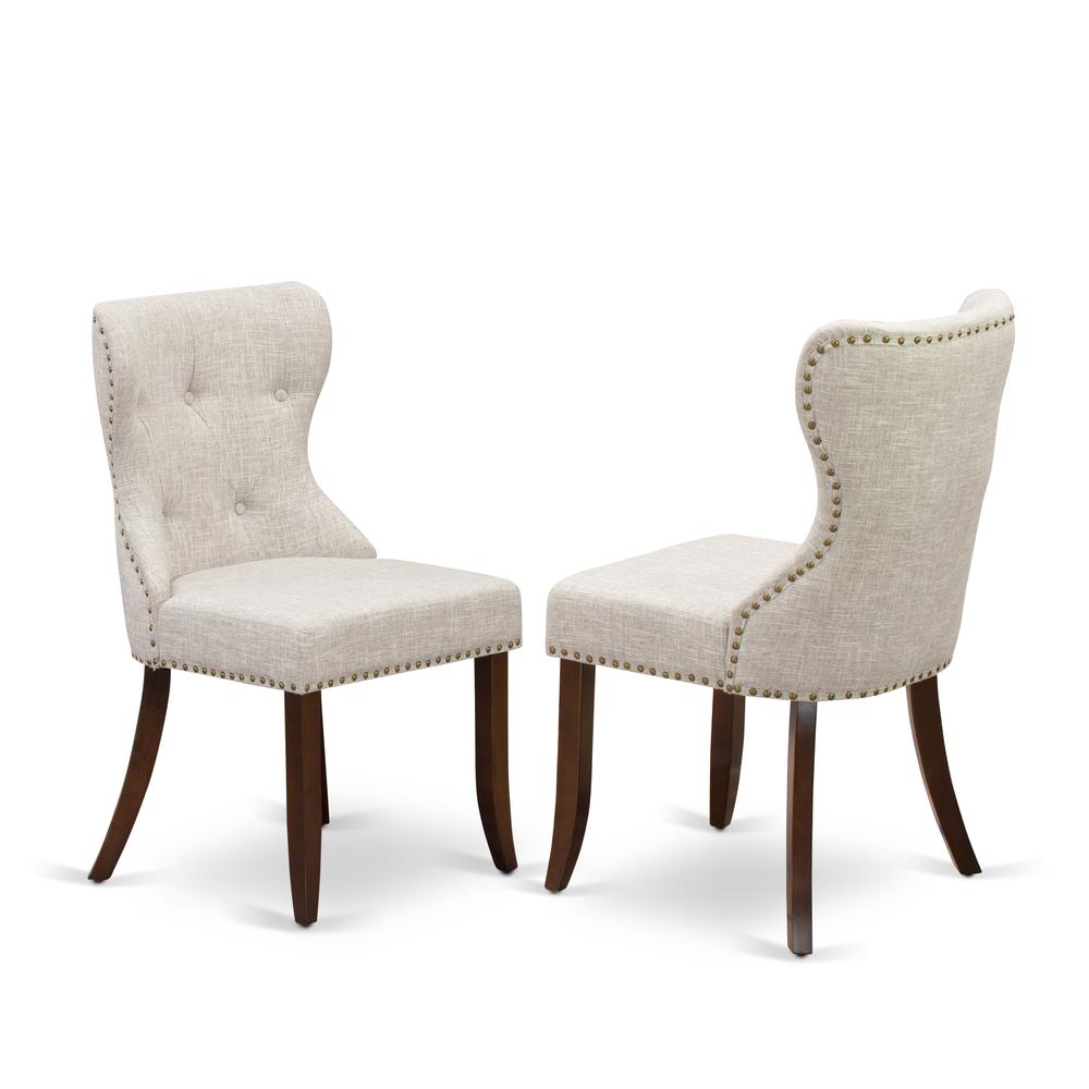 East West Furniture - Set of 2 - Modern Chairs- Kitchen Chair Includes Mahogany Wood Frame with Doeskin Linen Fabric Seat with Nail Head and Button Tufted Back. Picture 1