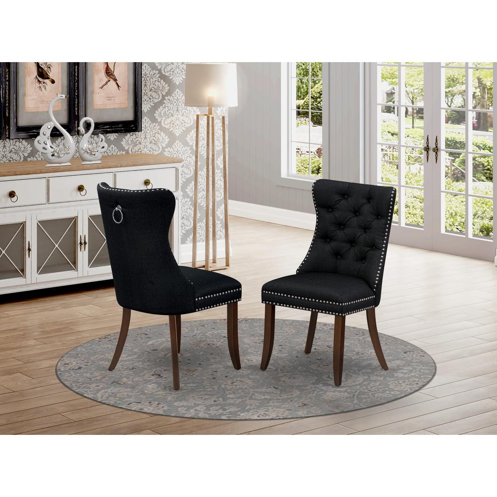 Parson Chairs - Black Linen Fabric Padded Dining Chairs, Set of 2, Mahogany. Picture 6