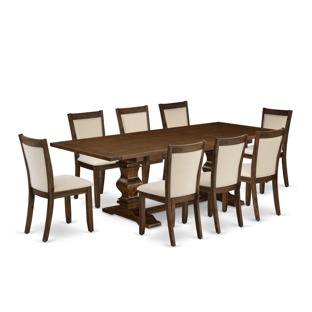 East West Furniture 9-Pcs Kitchen Table Set - 1 Rectangular Dining Table with Double Pedestal and 8 Light Beige Linen Fabric Modern Dining Chairs with Stylish Back - Antique Walnut Finish. Picture 2