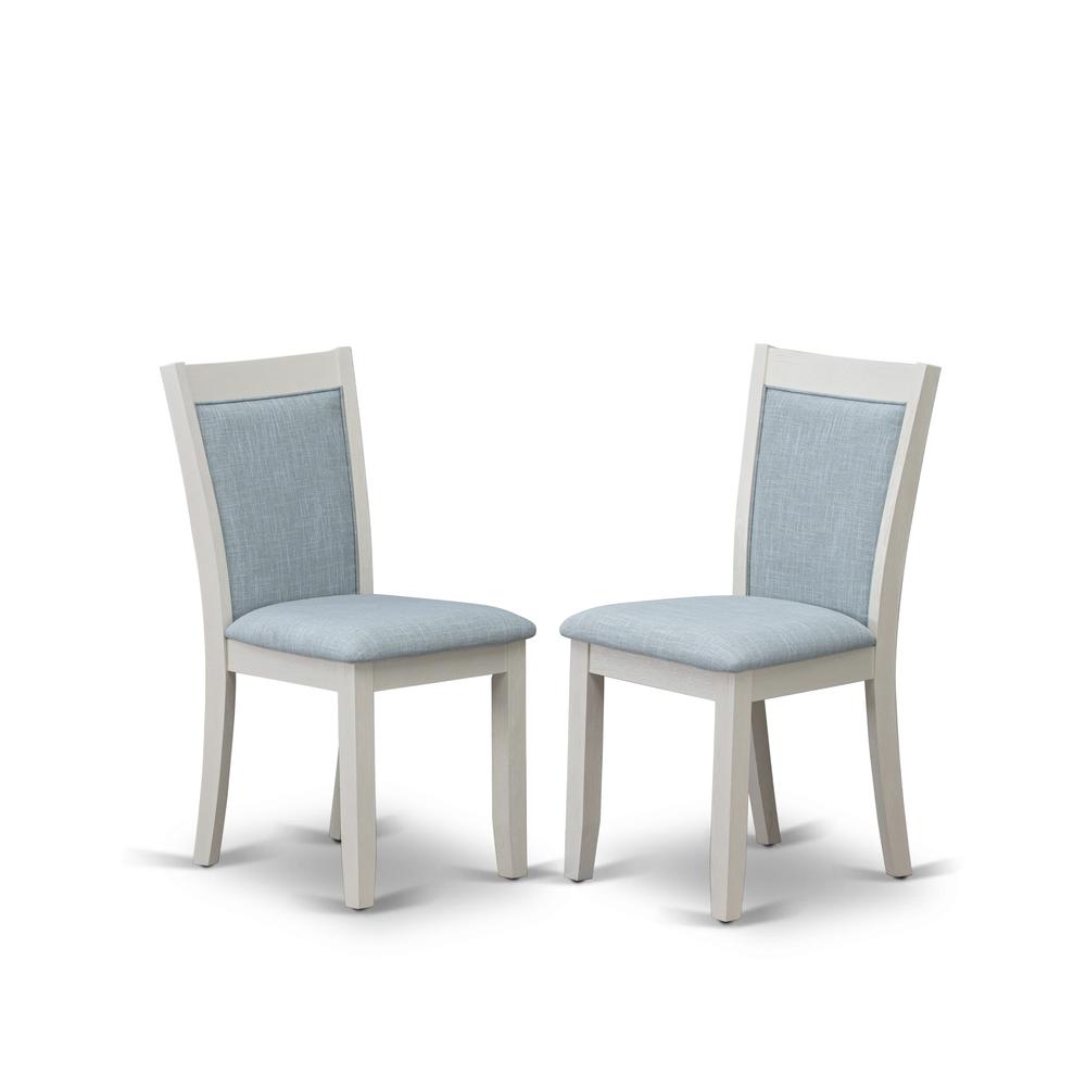 V026MZ015-7 7-Piece Modern Dining Set Contains a Dining Table and 6 Baby Blue Dining Chairs - Wire Brushed Linen White Finish. Picture 6