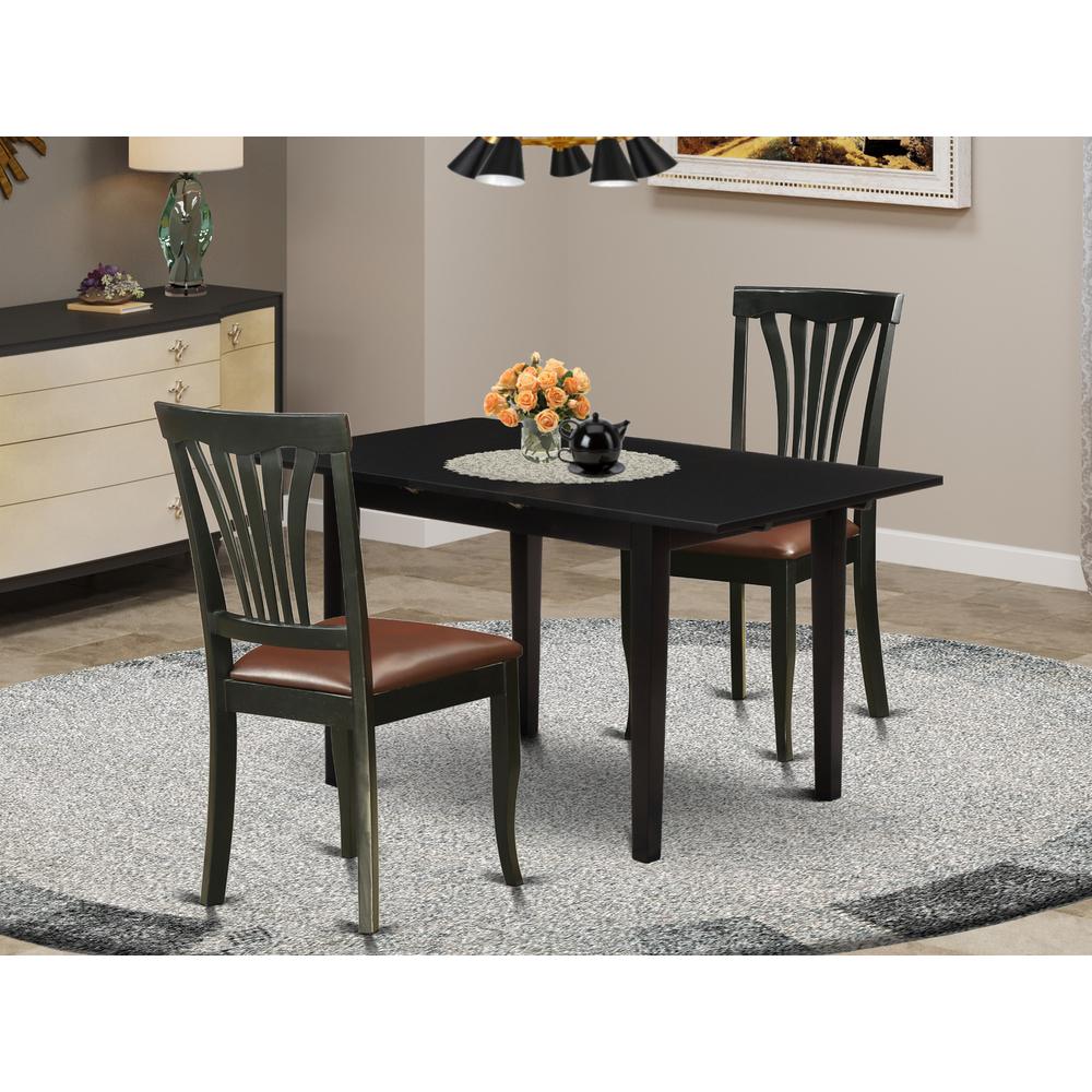 East West Furniture NOAV3-BLK-LC 3-Pc Dining Set 2 Upholstered Dining Chairs with Slatted Back and a Faux Leather Seat and Butterfly Leaf Dinette Table with Rectangular Top and 4 Legs- Black Finish. Picture 5
