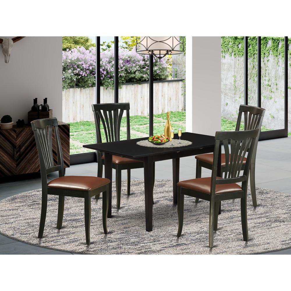 East West Furniture NOAV5-BLK-LC 5-Pc Dining Room Table Set 4 Wooden Dining Chairs with Slatted Back and a Faux Leather Seat and Mid Century Butterfly Leaf Dining Table with Rectangular Top and 4 Legs. Picture 5