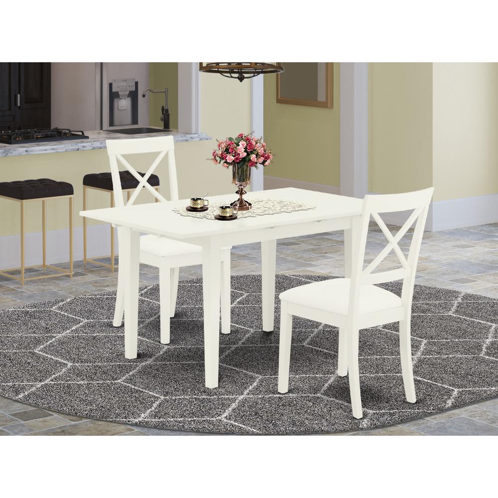 East West Furniture NOBO3-WHI-LC 3-Piece Kitchen Set 2 Dining Room Chairs with X-Back and a Faux Leather Seat and Butterfly Leaf Dining Table with Rectangular Top and 4 Legs- Linen White Finish. Picture 5