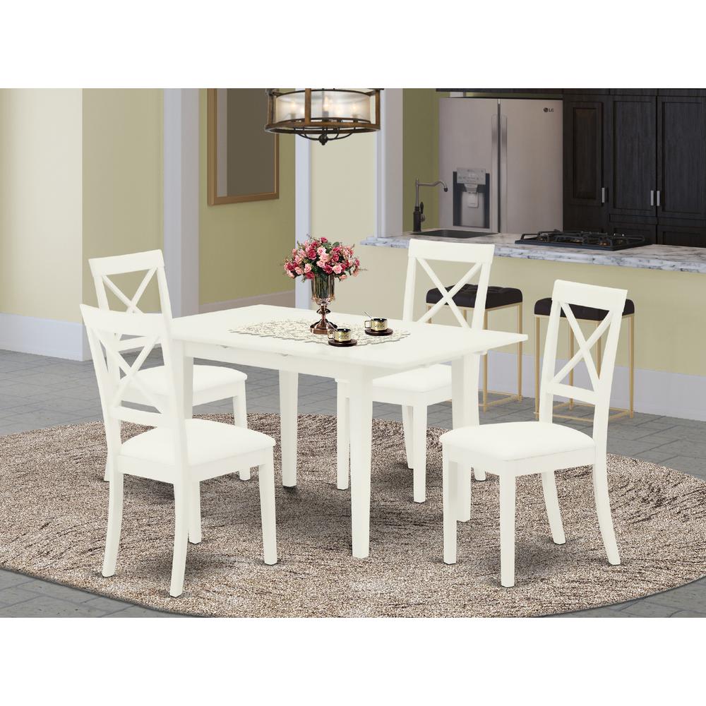 East West Furniture NOBO5-WHI-LC 5-Pc Rectangular Dinette Set 4 Dining Chairs with X-Back and a Faux Leather Seat and Butterfly Leaf Dining Room Table with Rectangular Top and 4 Legs- Linen White Fini. Picture 5