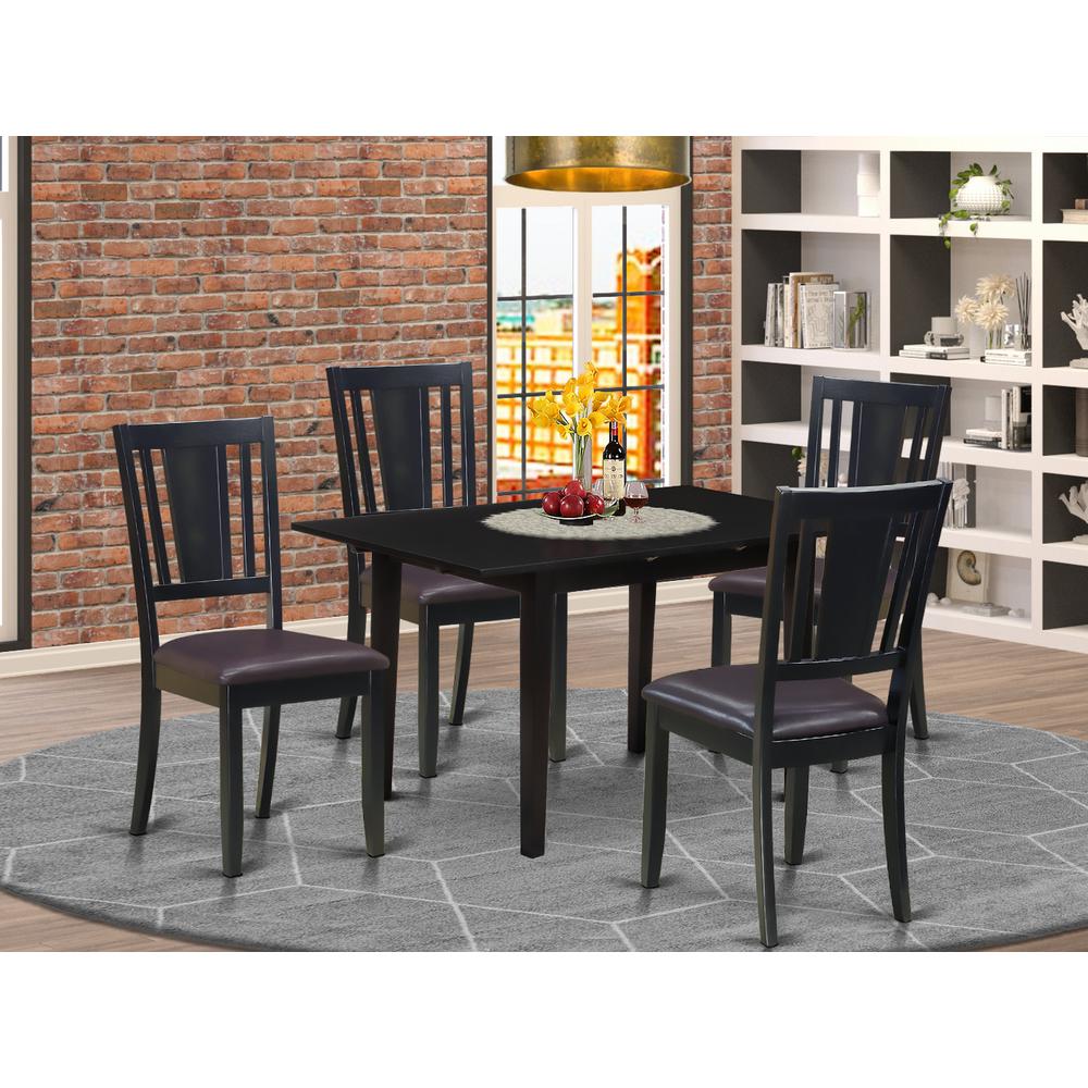 East West Furniture NODU5-BLK-LC 5-Pc Rectangular Dining Table Set 4 Dining Chairs with Panel Back and a Faux Leather Seat and Butterfly Leaf Dining Table with Rectangular Top and 4 Legs- Black Finish. Picture 5