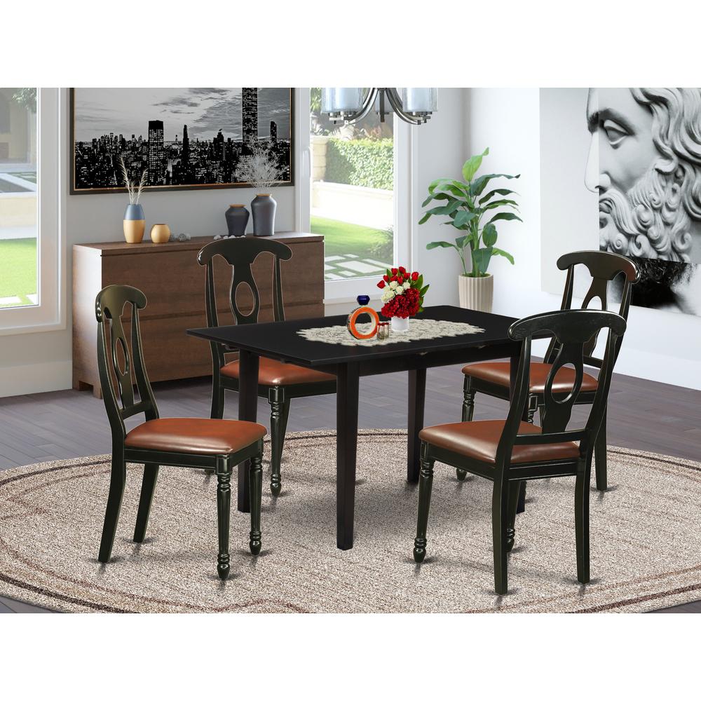 East West Furniture NOKE5-BLK-LC 5-Pc Dining Room Set 4 Dining Room Chairs with Napoleon Back and a Faux Leather Seat and Wooden Dining Table with Butterfly Leaf Rectangular Top and 4 Legs- Black Fini. Picture 5