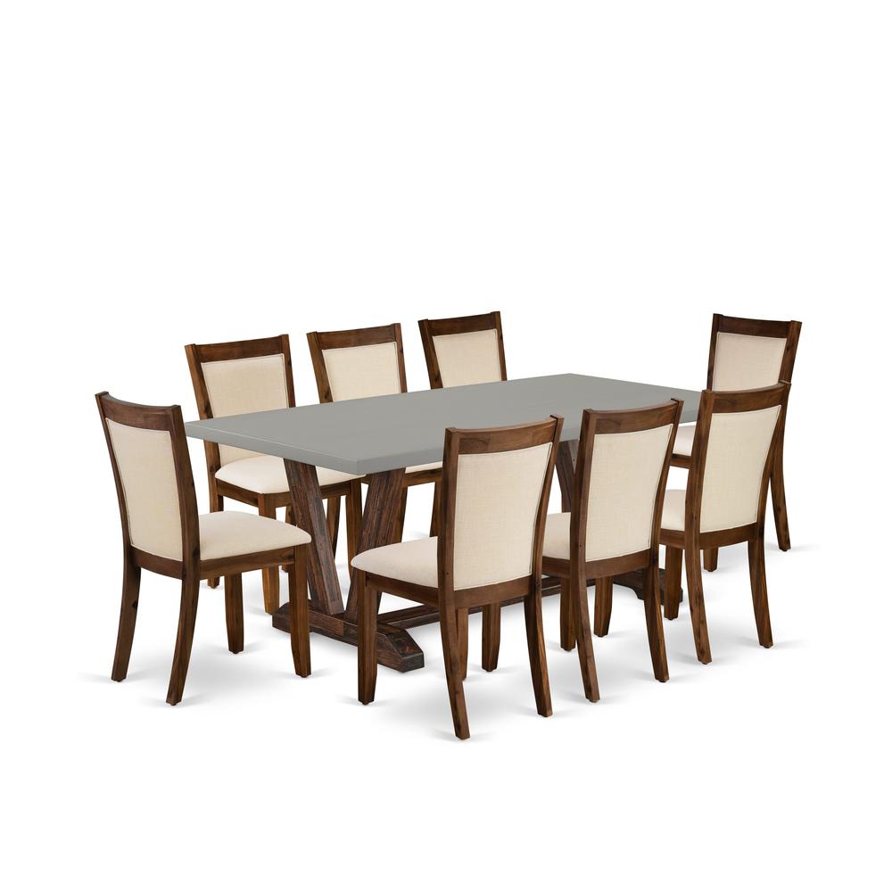 East West Furniture 9-Pc Dining Table Set Consists of a Dining Room Table and 8 Light Beige Linen Fabric Parson Dining Chairs with Stylish Back - Distressed Jacobean Finish. Picture 2